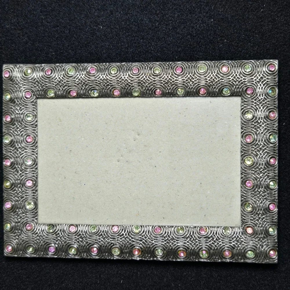 Vintage Style Silver Tone Metal Photo Frame with Pink Green Rhinestones 4x6